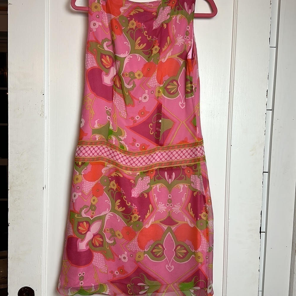 Y2K 100% Silk Boho Shift Dress Pink Floral Resort Sleeveless ECI New York - Picture 5 of 13